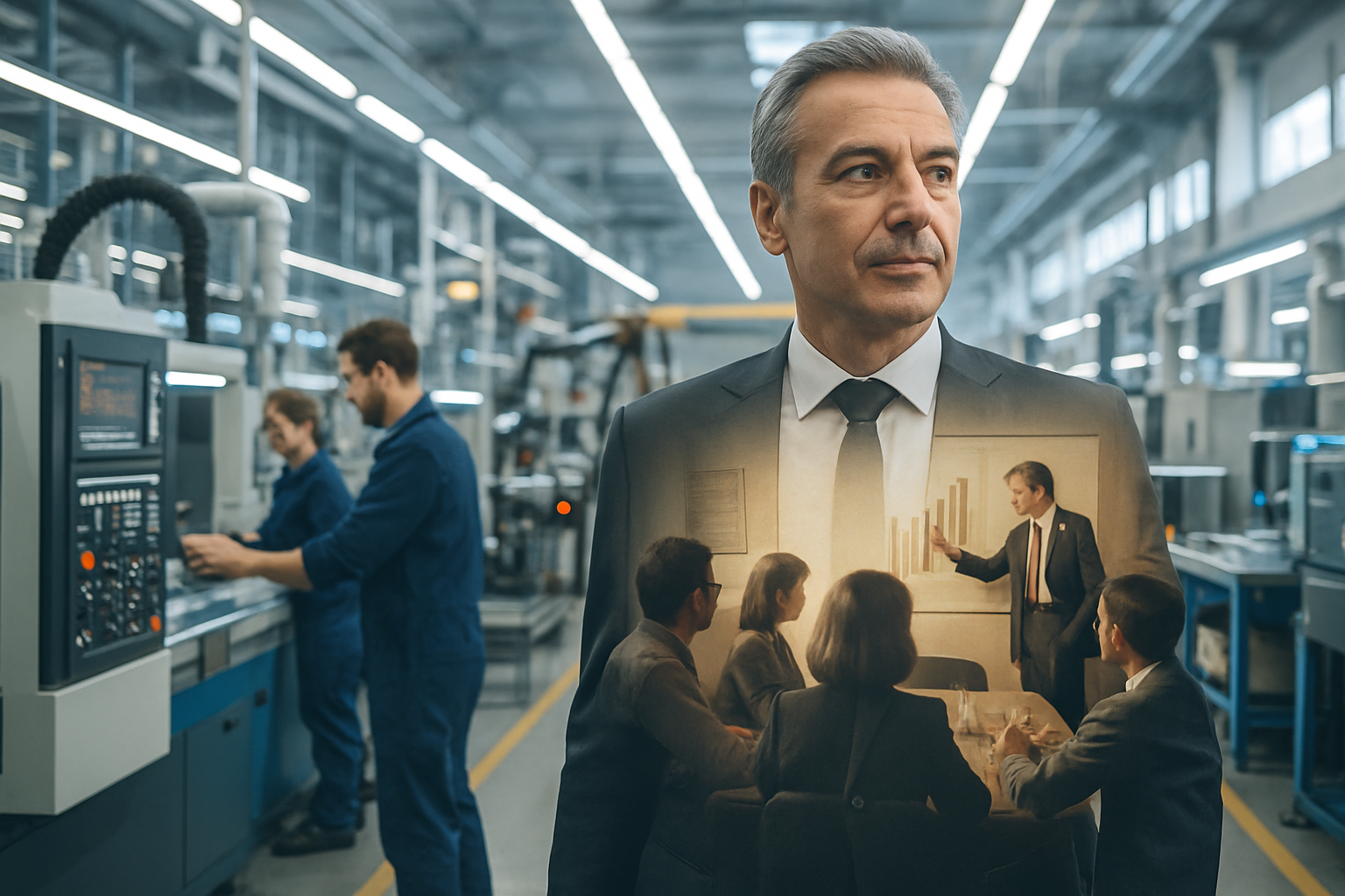 Imprenditore in azienda industriale B2B con contrasto tra tecnologie moderne e vecchi materiali di comunicazione